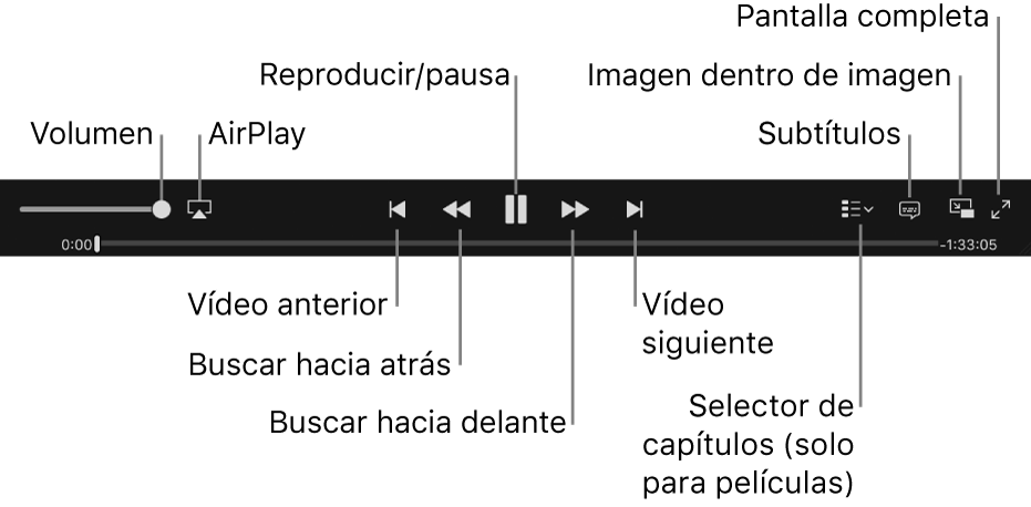 Controles de vídeo: volumen, AirPlay, vídeo anterior, búsqueda hacia atrás, reproducción/pausa, búsqueda hacia delante, vídeo siguiente, selector de capítulos (solo para películas), subtítulos, imagen dentro de imagen y pantalla completa.