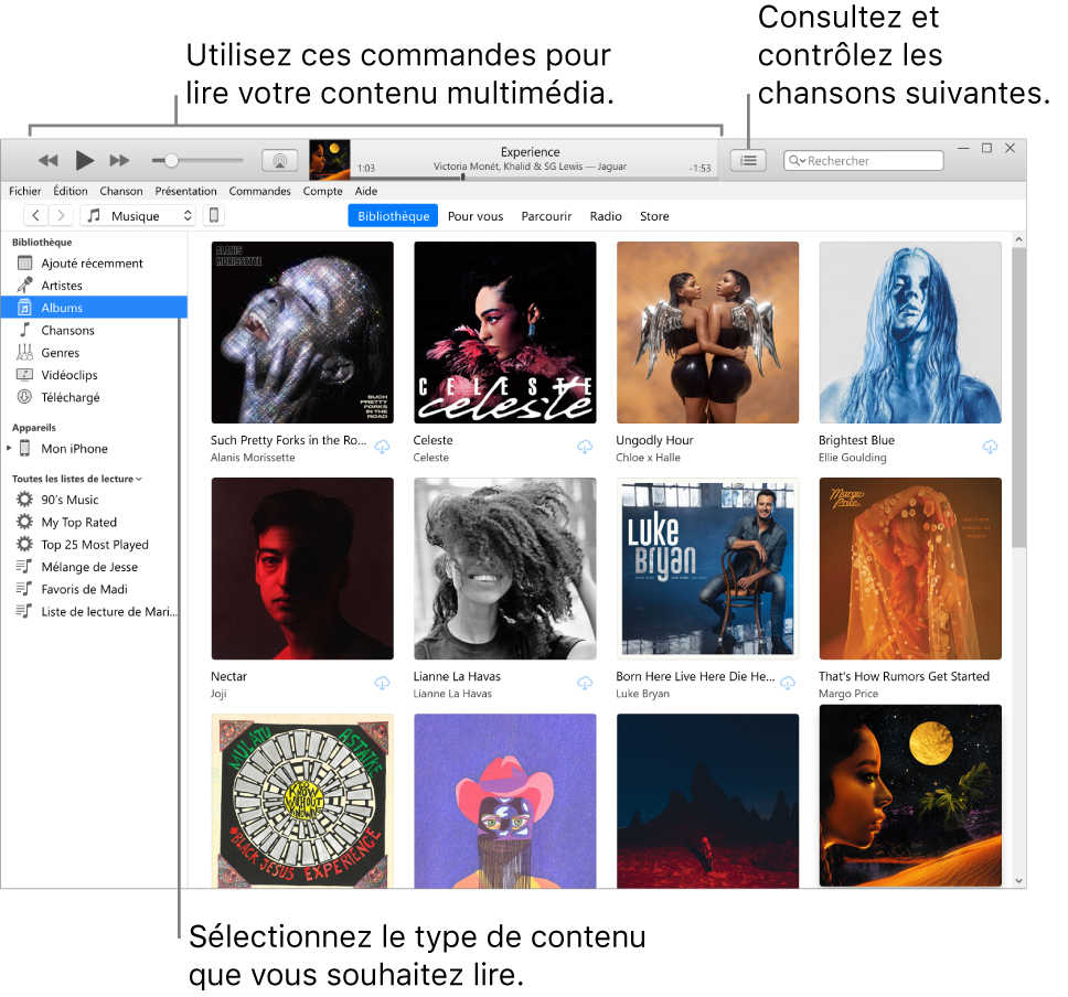 La fenêtre principale de la bibliothèque iTunes : Dans le navigateur, choisissez le type de contenus multimédias à lire (tel que Musique). Utilisez les commandes de la bannière située en haut pour lire votre contenu multimédia, et utilisez le menu contextuel Liste d’attente sur la droite pour voir votre bibliothèque de différentes manières.