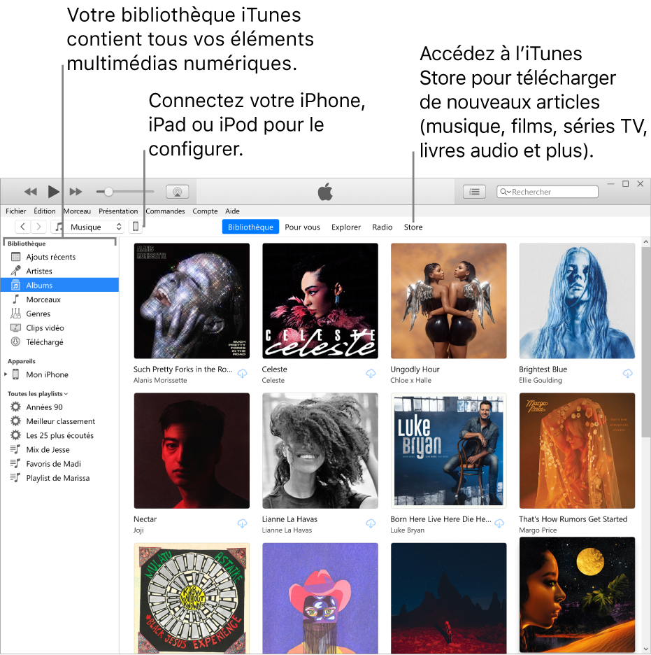 Présentation de la fenêtre iTunes : La fenêtre iTunes se compose de deux sous-fenêtres. La barre latérale Bibliothèque, qui contient tous vos contenus multimédias numériques, se trouve sur la gauche. Sur la droite, dans la plus vaste zone de contenus, vous pouvez voir une sélection correspondant à vos intérêts, par exemple : visiter votre bibliothèque ou votre page Pour vous, explorer les nouvelles musiques et vidéos iTunes, ou visiter l’iTunes Store pour télécharger de nouveaux morceaux, films, séries TV, livres audio, etc. En haut à droite de la barre latérale Bibliothèque se trouve le bouton Appareil, qui s’affiche lorsque votre iPhone, iPad ou iPod est connecté à votre PC.