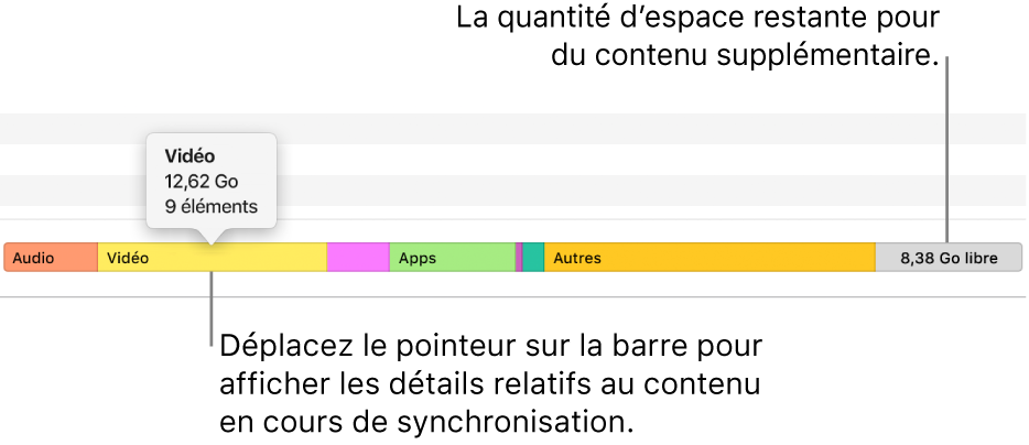 Placez le pointeur sur la barre en bas de la fenêtre pour afficher des informations détaillées sur le contenu que vous synchronisez, ainsi que l’espace restant pour l’ajout de contenu.