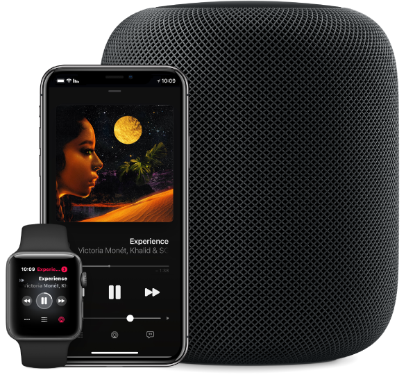 מראה של שיר Apple Music שמתנגן במכשירי Apple Watch, ‏iPhone ו‑HomePod.