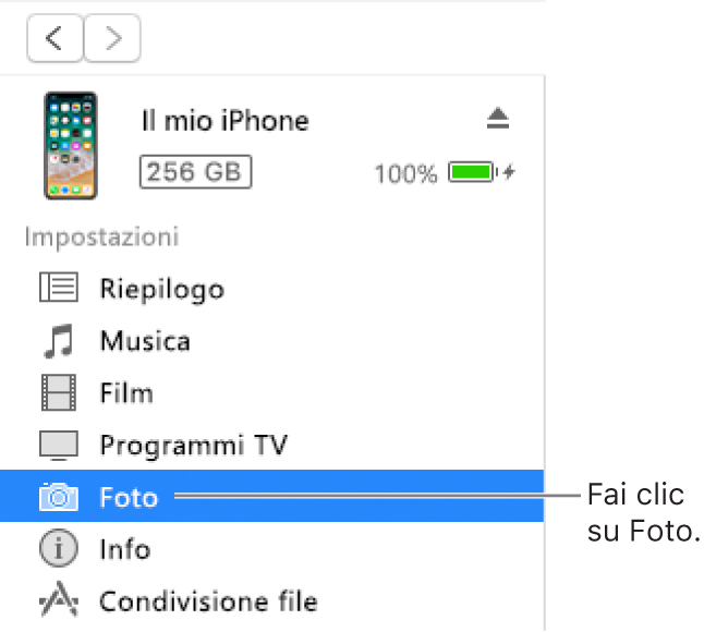 La finestra Dispositivo, con la voce Foto selezionata nella barra laterale a sinistra.
