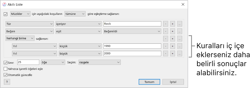 Akıllı Liste penceresi: Daha kesin sonuçlar almak amacıyla ek, iç içe kurallar yaratmak için sağdaki İç İçe Yerleştir düğmesini kullanın.