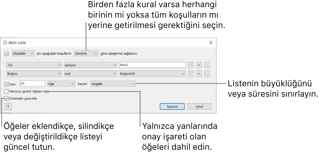 Akıllı Liste penceresi: Sol üst köşede Eşleştirme sağlansın’ı seçin, sonra liste ölçütlerini (tür veya beğeni gibi) belirtin. Kural eklemeye veya silmeye devam edin; birden fazla kural varsa kurallardan herhangi birinin mi yoksa tümünün mü karşılanması gerektiğini seçin. Pencerenin alt kısmında listenin büyüklüğünü ve süresini sınırlama, yalnızca işaretli parçaları dahil etme veya arşivinizdeki öğeler değiştikçe iTunes’un listeyi güncellemesini sağlama gibi birçok seçenek arasından seçim yapın.