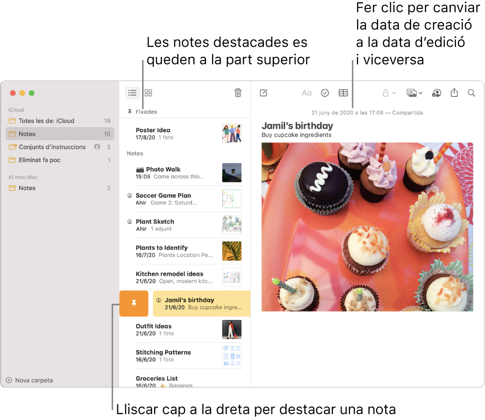 La finestra de l’app Notes, amb la llista de notes al centre, les notes destacades a la part superior de la llista de notes i el botó Destacar en una nota. El contingut d’aquesta nota apareix a la dreta, amb la data a la part superior; fes clic a la data per canviar entre la data de creació i la data de modificació.