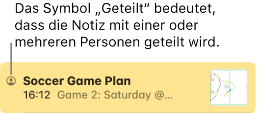 Eine Notiz, die mit anderen Personen geteilt wurde, mit dem Freigabe-Symbol links neben dem Namen der Notiz.