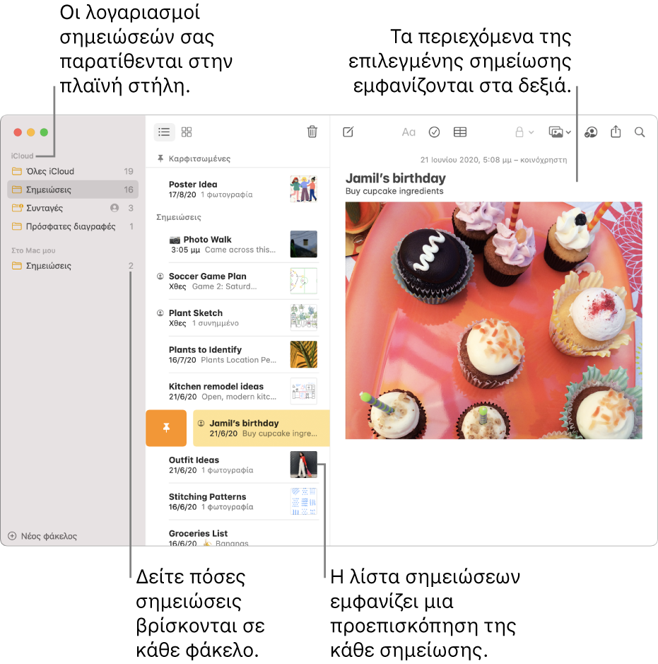 Το παράθυρο των Σημειώσεων με όλους τους διαμορφωμένους λογαριασμούς και φακέλους σας εμφανίζεται στην πλαϊνή στήλη στα αριστερά, η λίστα των σημειώσεων στη μέση εμφανίζει μια προεπισκόπηση κάθε σημείωσης και το περιεχόμενο της επιλεγμένης σημείωσης εμφανίζεται στα δεξιά. Ο αριθμός των σημειώσεων εμφανίζεται δίπλα σε κάθε φάκελο.
