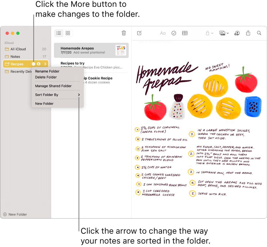 The Notes window with one folder in the sidebar showing the More button where you can make changes to a folder. Above the list of notes in the middle is the sort option, which changes the order of the notes—click the arrow to select a different sort order.