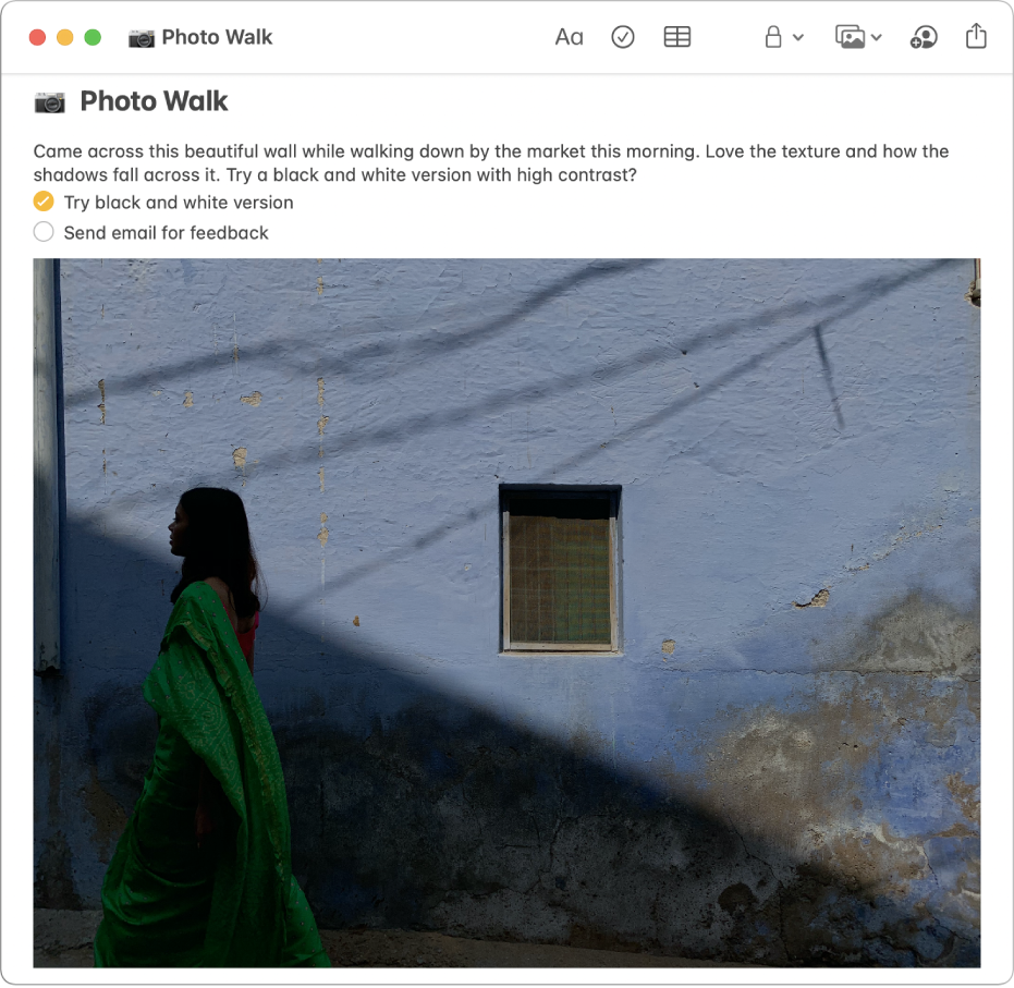 A note that includes a description of a photo walk, a checklist of things to do, and a photo of a woman walking by a wall.