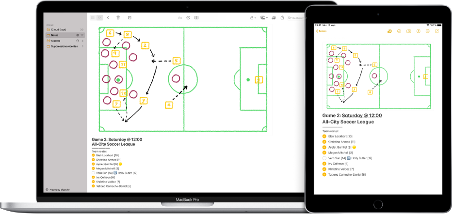 Un Mac et un iPad affichant la même note provenant d’iCloud.