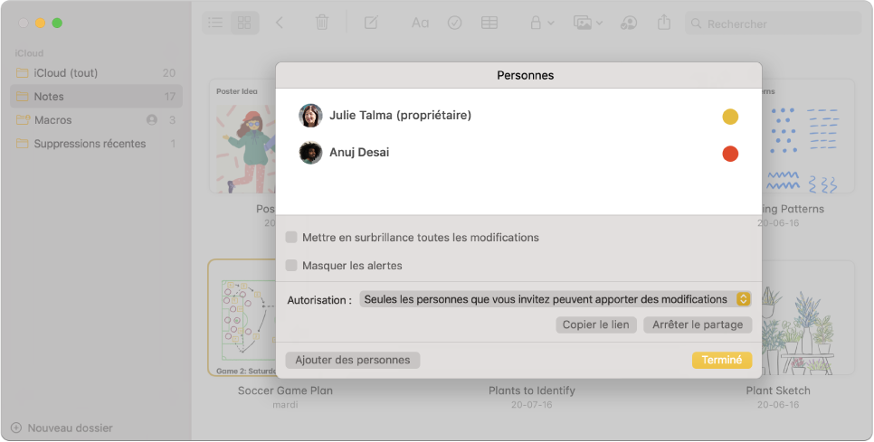 Les notes s’affichent en présentation par galerie lorsque vous choisissez de gérer une note partagée. La liste des personnes ajoutées à la note et les options disponibles s’affichent.