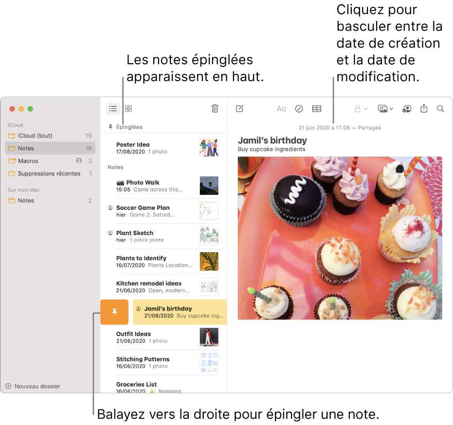 La fenêtre Notes avec la liste des notes au milieu, des notes épinglées en haut de la liste des notes et le bouton Épingler sur une note. Le contenu de cette note s’affiche sur la droite avec la date en haut ; cliquez sur la date pour basculer entre la date de création et la date de dernière modification.