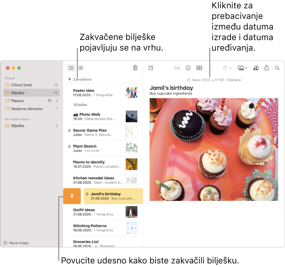 Prozor Bilješke s popisom bilješki u sredini, pričvršćenim bilješkama na vrhu popisa bilješki i tipkom Pričvrsti na jednoj bilješci. Sadržaj bilješke pojavljuje se na desnoj strani s datumom na vrhu; kliknite datum za prebacivanje između datuma izrade i datuma uređivanja.
