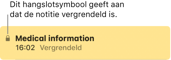 Vergrendelde notitie met een hangslotsymbool helemaal links.