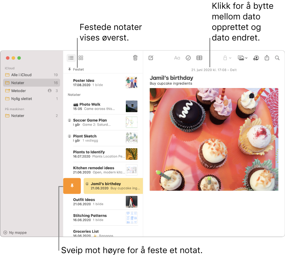 Notater-vinduet med notatlisten i midten, festede notater øverst i notatlisten, og Nål-knappen på ett notat. Innholdet til det notatet vises til høyre med datoen øverst. Klikk på datoen for å bytte mellom dato opprettet og dato redigert.