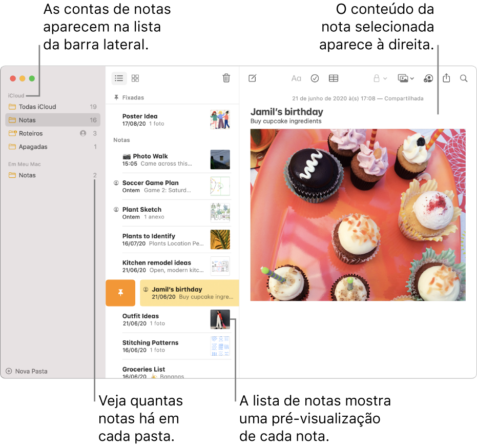 Janela do app Notas com todas as contas configuradas e pastas listadas na barra lateral à esquerda, a lista de notas no meio mostrando a pré-visualização de cada uma delas e o conteúdo da nota selecionada à direita. O número de notas aparece ao lado de cada pasta.