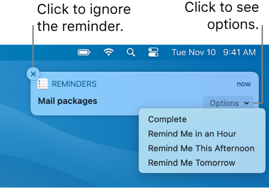 A reminder notification with Complete and Later buttons.