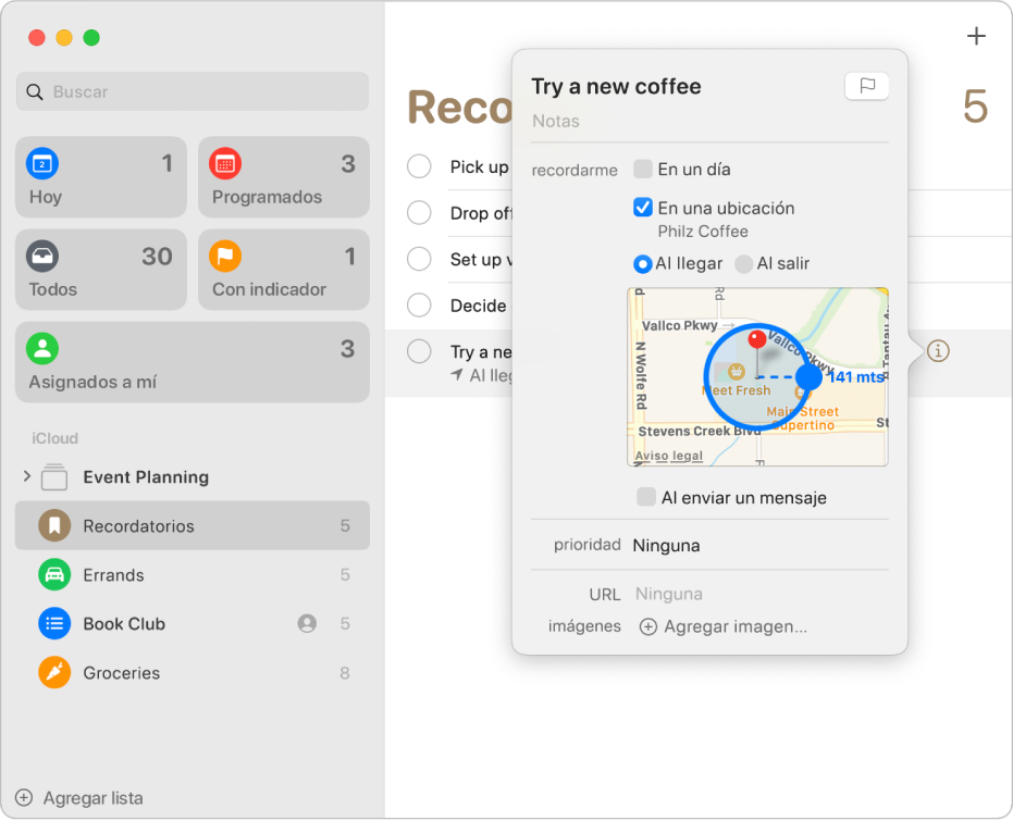 Ventana de detalles de un recordatorio mostrando una notificación configurada para una ubicación.