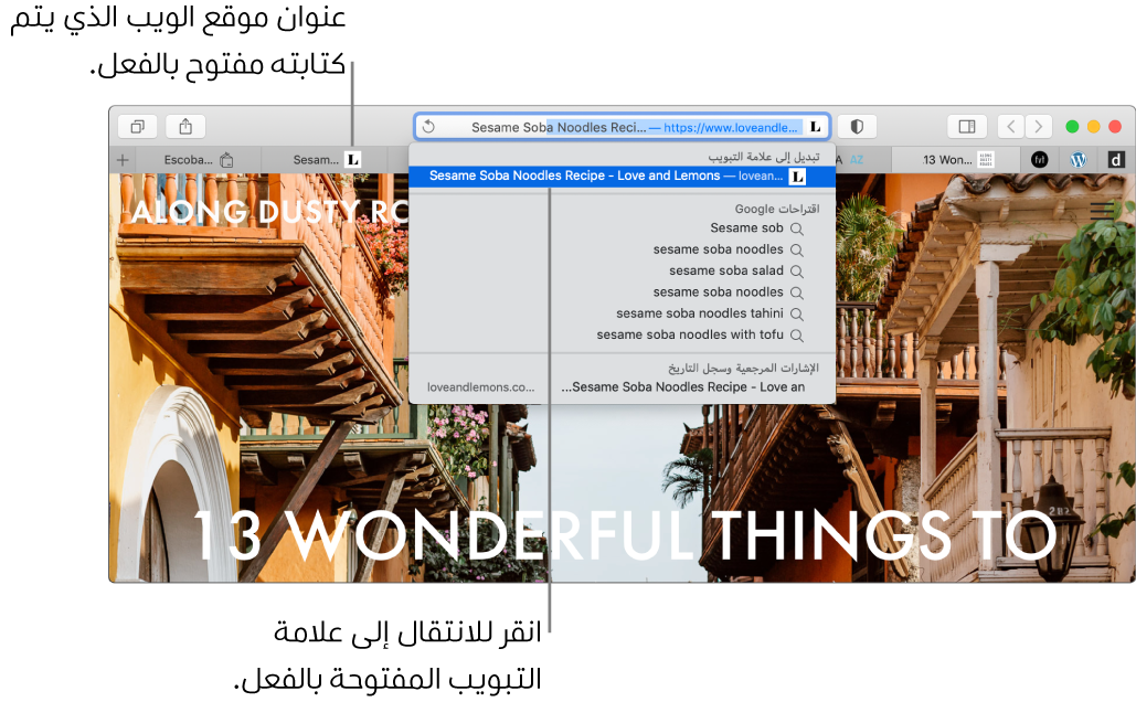 نافذة Safari بها الجزء الأول من عنوان موقع الويب الذي تم إدخاله في حقل البحث الذكي. يظهر موقع الويب نفسه في قائمة النتائج ضمن "تبديل إلى علامة التبويب"، لأنه مفتوح بالفعل في علامة تبويب أخرى.