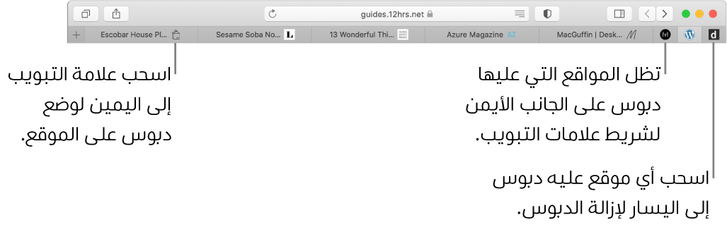 المواقع المثبتة في شريط علامات تبويب Safari.