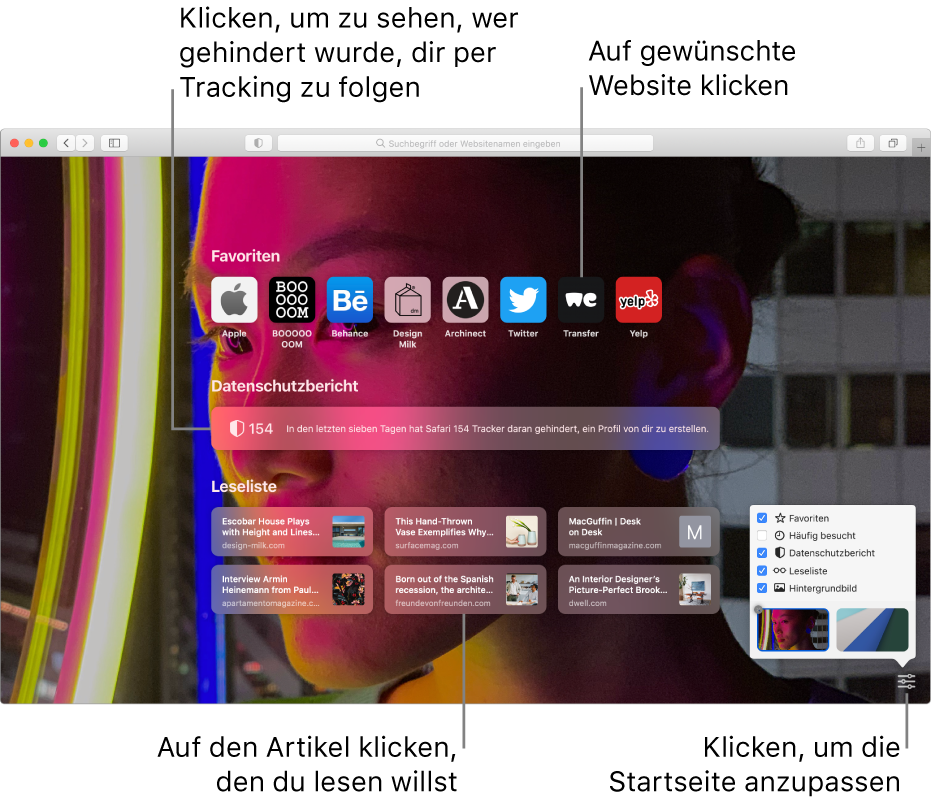 Die Startseite von Safari mit bevorzugten Websites, einer Zusammenfassung des Datenschutzberichts, Artikeln in der Leseliste und den Optionen für die Startseite.