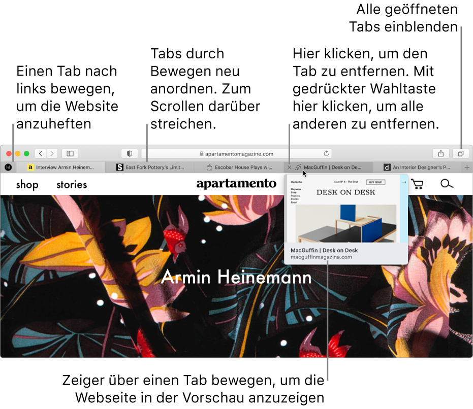 Das Safari-Fenster mit mehreren geöffneten Tabs; der Zeiger befindet sich über einem Tab und es wird eine Vorschau einer Webseite angezeigt.