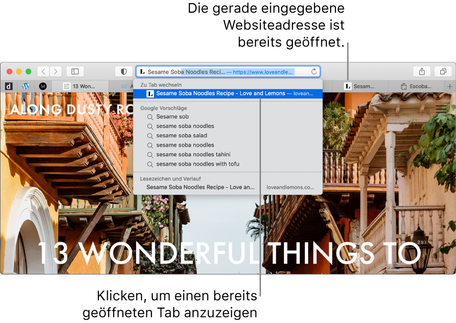 Ein Safari-Fenster mit dem ersten Teil der Adresse einer Website im intelligenten Suchfeld. Dieselbe Website erscheint bei Auswahl von „Zu Tab wechseln“ in der Ergebnisliste, da sie bereits in einem anderen Tab geöffnet ist.