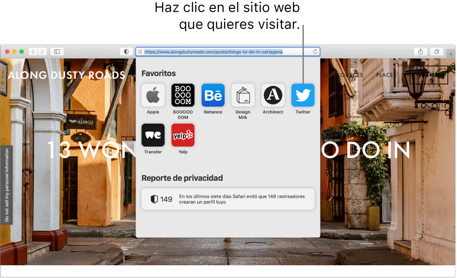 El campo de búsqueda inteligente de Safari; debajo se muestra la página principal con el área Favoritos y un resumen del reporte de privacidad.