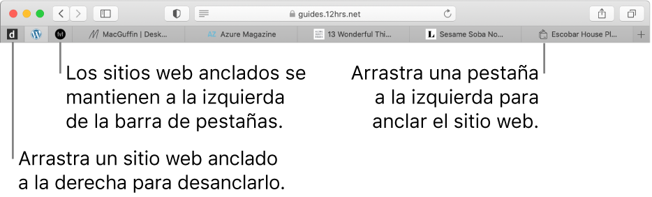 Sitios anclados en la barra de pestañas de Safari.