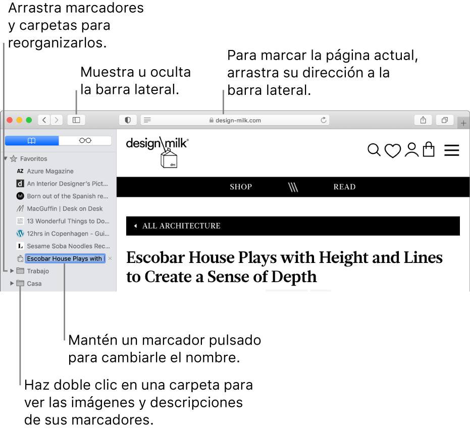 Una ventana de Safari con los marcadores en la barra lateral, con uno de ellos seleccionado para modificarlo.