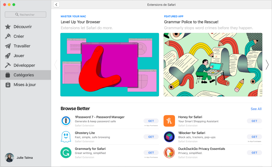 La page principale du Mac App Store. La barre latérale située à gauche inclut des liens vers différentes zones de la boutique, comme Arcade et Créer, et l’option Catégories est sélectionnée. La catégorie Extensions de Safari se trouve à droite.