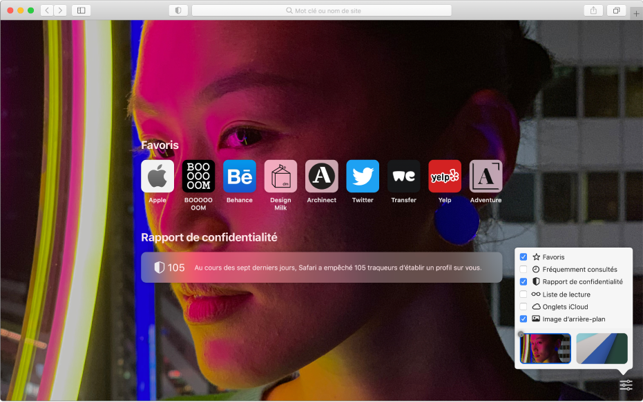 La page de démarrage de Safari affiche les sites Web favoris, un résumé du rapport de confidentialité et des options.