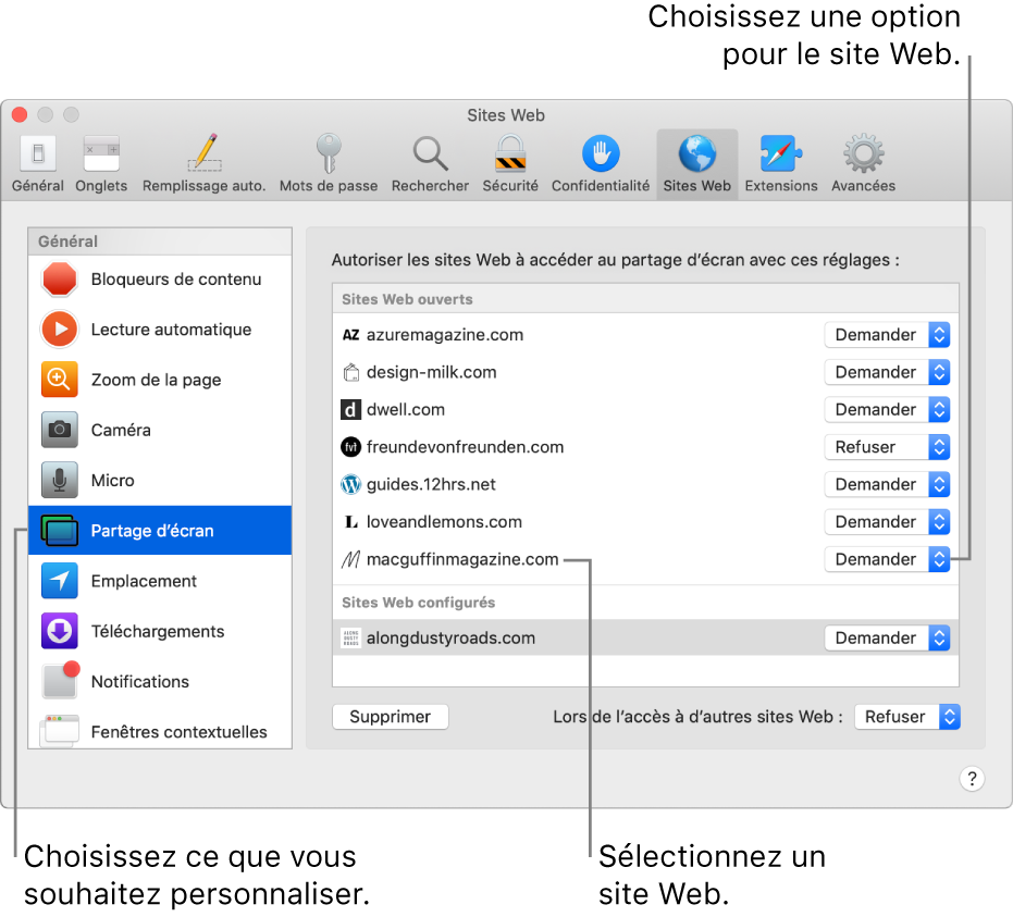 La sous-fenêtre Sites Web des préférences Safari, dans laquelle vous pouvez personnaliser la façon dont vous parcourez les différents sites Web.