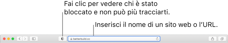 La barra degli strumenti di Safari che mostra il pulsante Resoconto sulla privacy e un sito web nel campo di ricerca smart.