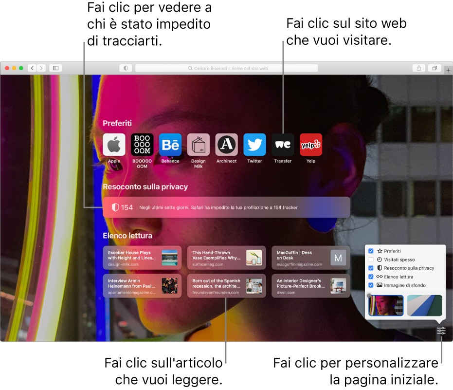 La pagina iniziare di Safari, che mostra i siti web preferiti, un Resoconto sulla privacy, articoli dell'elenco lettura e opzioni per la pagina di avvio.