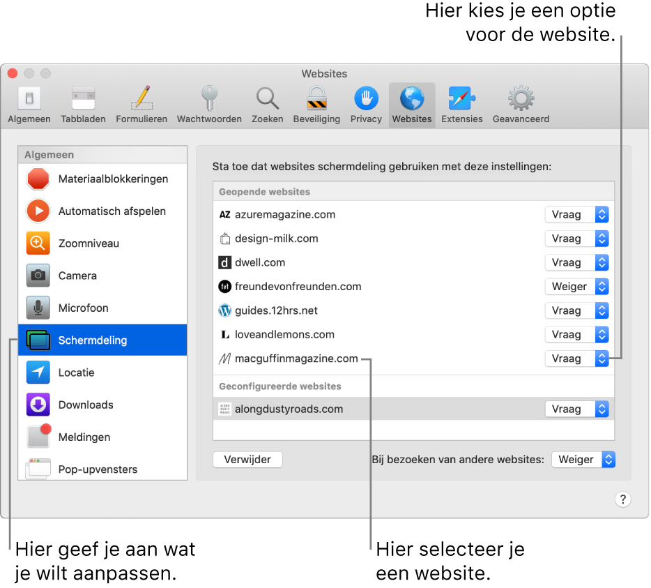 Het paneel 'Websites' in het voorkeurenvenster van Safari, waarin je per website kunt opgeven hoe je deze wilt bekijken.