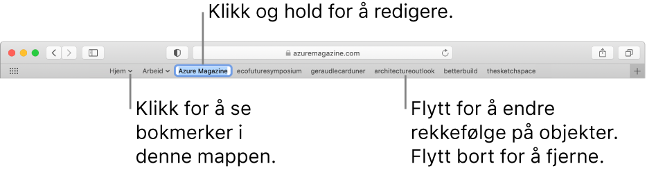 Favorittlinjen med en bokmerkemappe. Klikk og hold på et bokmerke eller en mappe i linjen for å redigere. Hvis du vil endre rekkefølgen på elementer i linjen, drar du dem rundt. Hvis du vil fjerne et element, drar du det bort fra linjen.