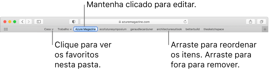 A barra de Preferidos com vários favoritos e uma pasta de favoritos. Para editar um favorito ou pasta na barra, mantenha-o pressionado. Para reordenar itens na barra, arraste-os. Para remover um item, arraste-o para fora da barra.