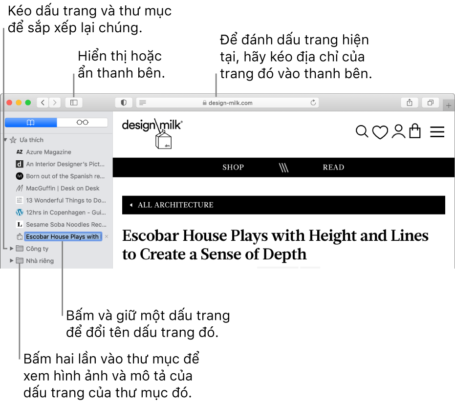 Cửa sổ Safari hiển thị các dấu trang trong thanh bên; một dấu trang được chọn để sửa.