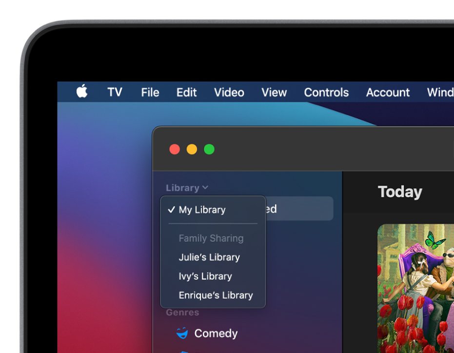 The Apple TV app library screen with family members’ libraries shown in the sidebar.