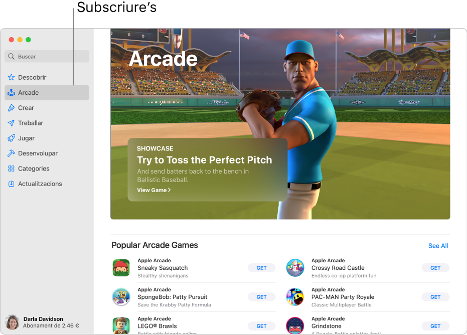 La pàgina principal de l’Apple Arcade. Al tauler de la dreta es mostra un joc popular i a sota apareixen altres jocs disponibles.