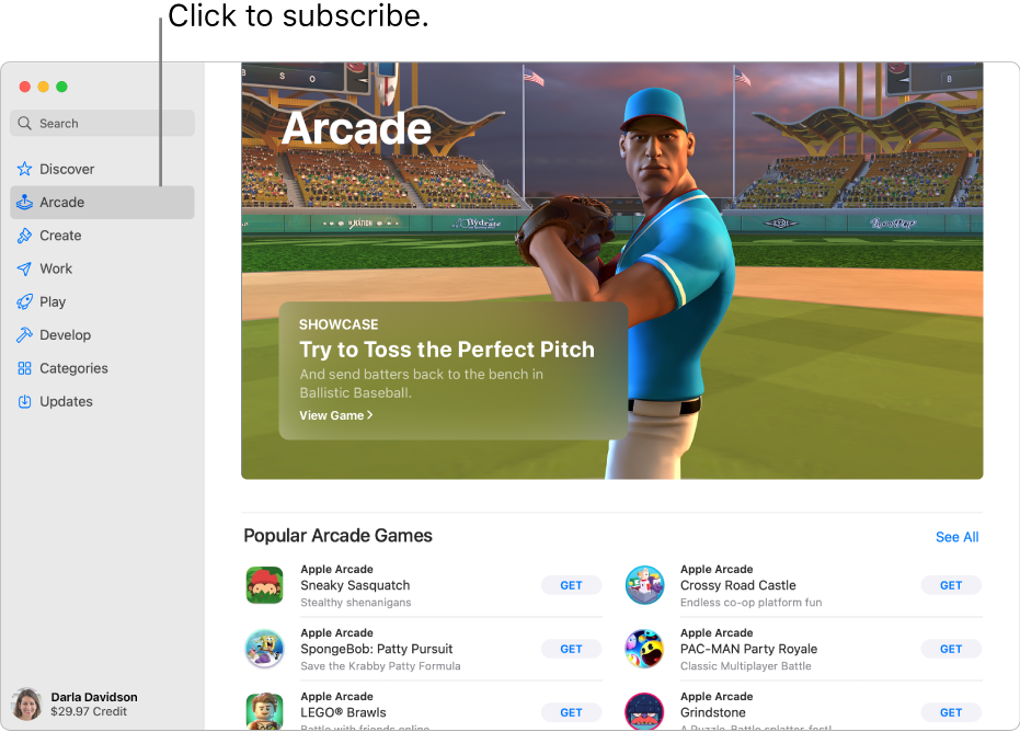 The main Apple Arcade page. A popular game is shown in the pane on the right, with other available games shown below.