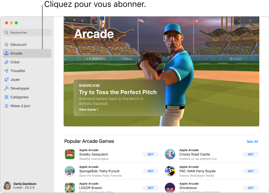 La page principale d’Apple Arcade. Un jeu populaire s’affiche dans la sous-fenêtre à droite, avec d’autres jeux disponibles affichés en dessous.