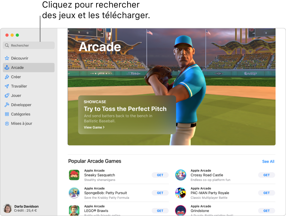 La page principale d’Apple Arcade. Un jeu populaire s’affiche dans la sous-fenêtre à droite, avec d’autres jeux disponibles affichés en dessous.