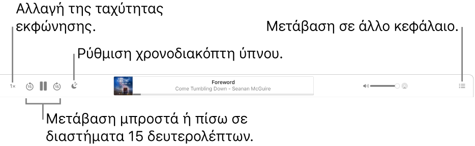 Το πρόγραμμα αναπαραγωγής ηχοβιβλίων στα Βιβλία εμφανίζει, από τα αριστερά προς τα δεξιά, το κουμπί «Ταχύτητα αναπαραγωγής», τα κουμπιά «Μετάβαση μπροστά» και «Μετάβαση πίσω», το κουμπί «Χρονόμετρο ύπνου», τον τίτλο και τον συγγραφέα του ηχοβιβλίου που αναπαράγεται, το ρυθμιστικό Έντασης ήχου, και το κουμπί «Πίνακας περιεχομένων».