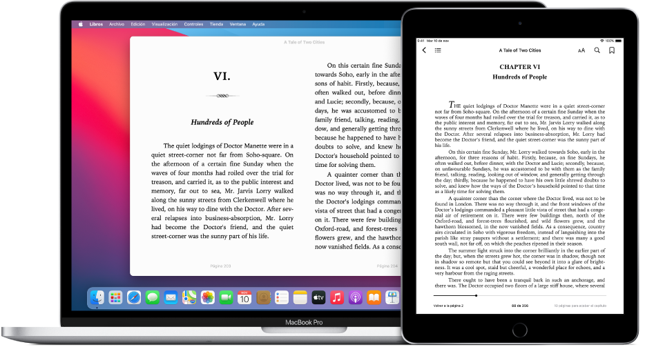 Un libro en la misma página en la app Libros en un iPad y una Mac.