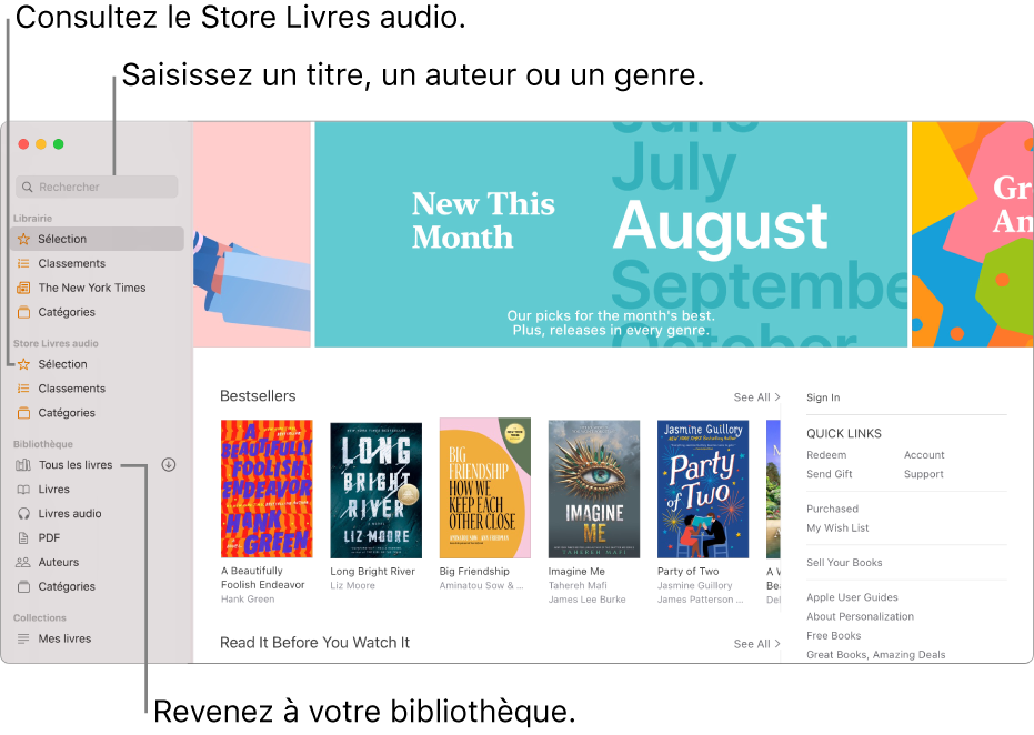 La barre latérale dans Livres. Pour parcourir la libraire, cliquez sur un des éléments sous Librairie. Pour parcourir le Store Livres audio, cliquez sur un des éléments sous « Store Livres audio ». Pour effectuer une recherche, saisissez un titre, auteur ou genre dans le champ de recherche. Pour revenir à votre bibliothèque, cliquez sur « Tous les livres ».