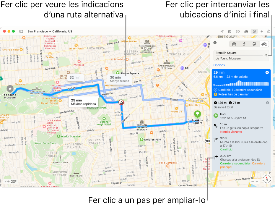 Un mapa de San Francisco amb les indicacions del trajecte en bicicleta, inclosa la informació sobre l’elevació i el trànsit.