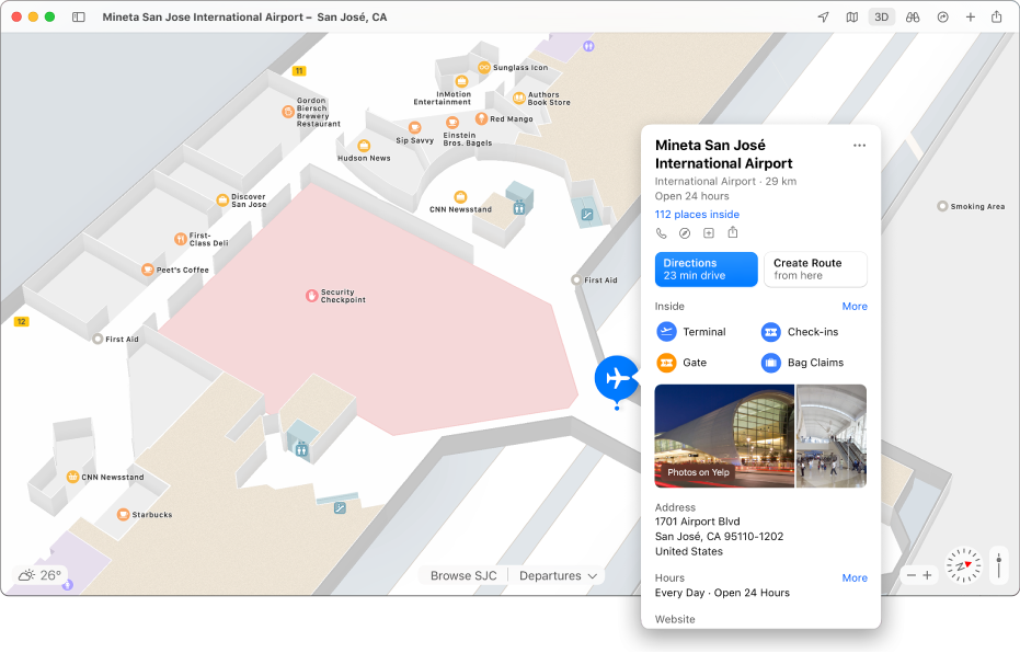 A map of San Jose International Airport with an information card showing drive time, address, hours and more info.