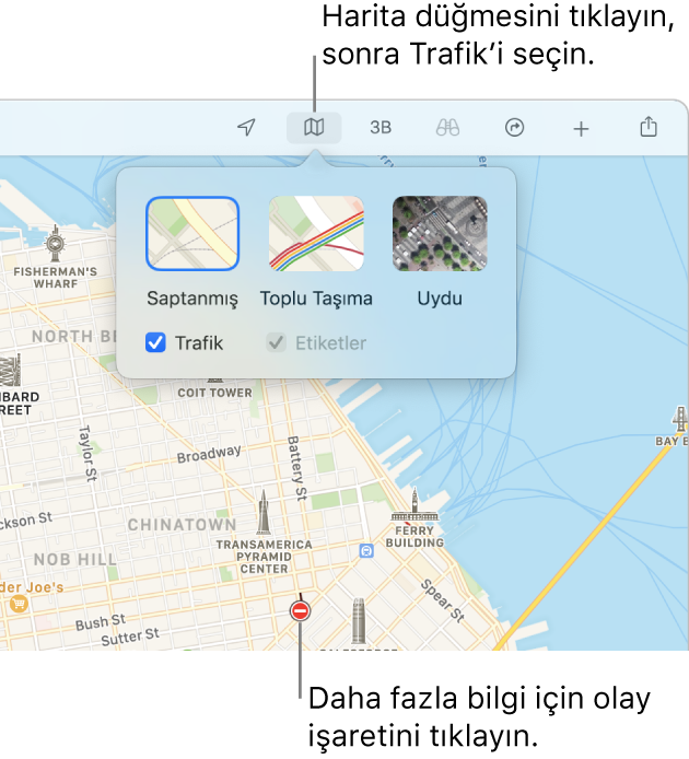 Bir San Francisco haritasında harita seçenekleri görüntüleniyor, Trafik onay kutusu seçili ve haritada trafik kazaları var.